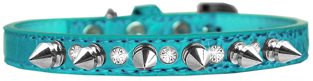 Silver Spike and Clear Jewel Croc Dog Collar Turquoise Size 10